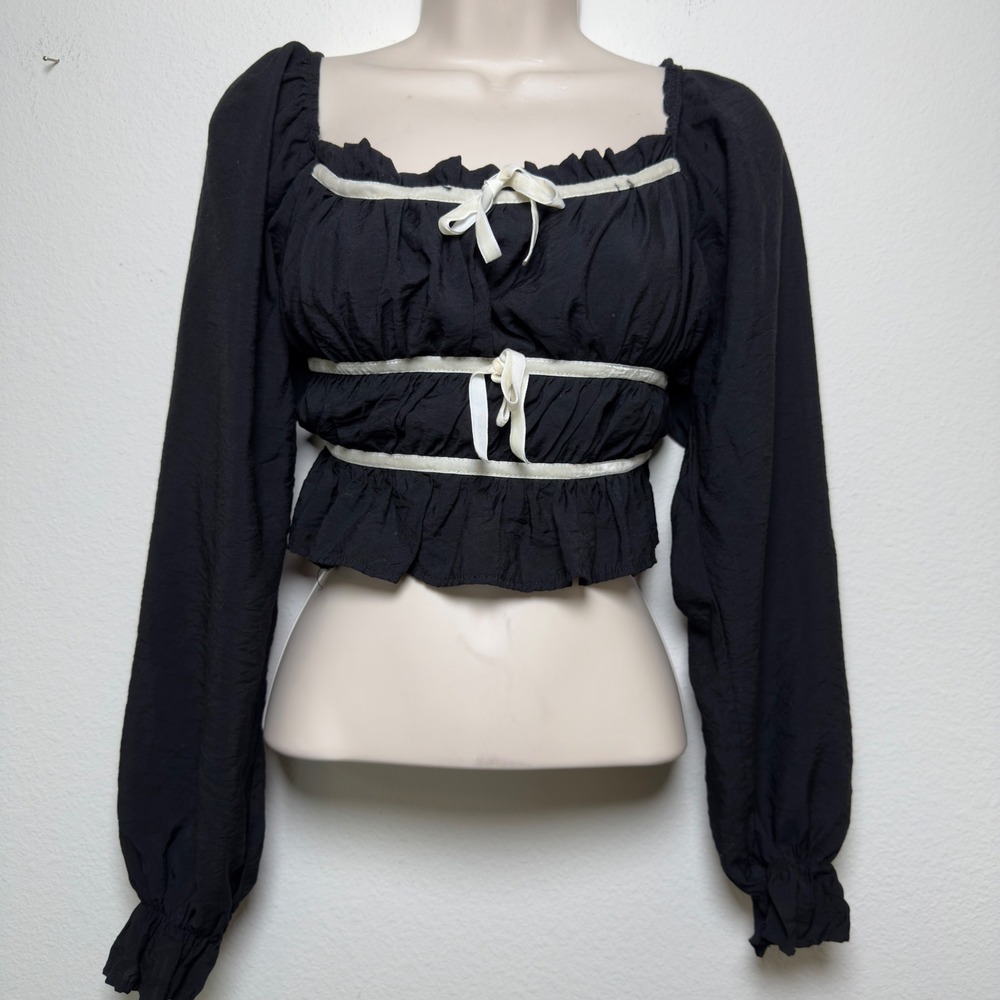 Thirty Thirty Women Milkmaid Crop Top L Black Velvet Bow Dark Coquette Cottage